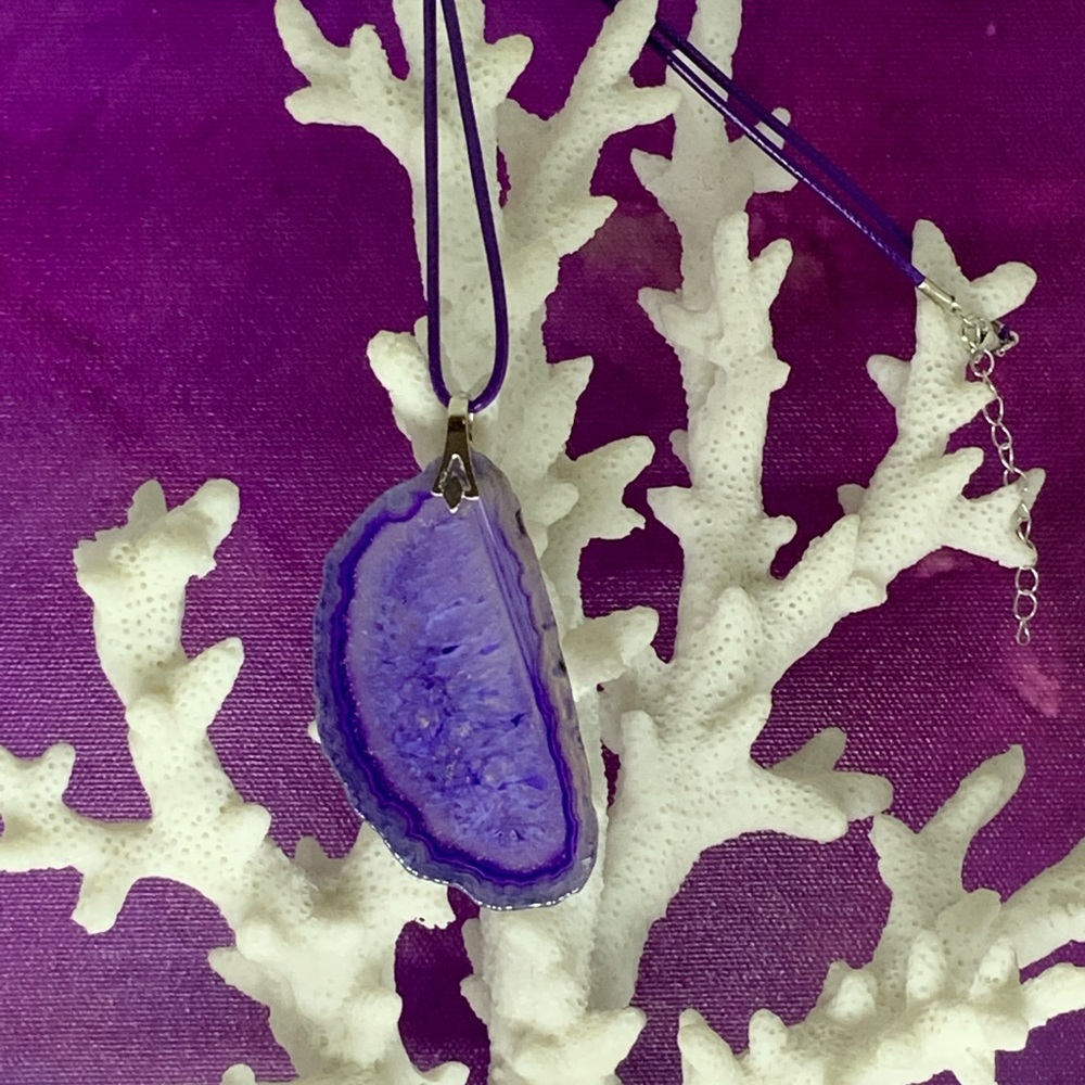 Purple Onyx Druzy Geode Agate Pendant Necklace on Waxed Cotton Cord Handmade